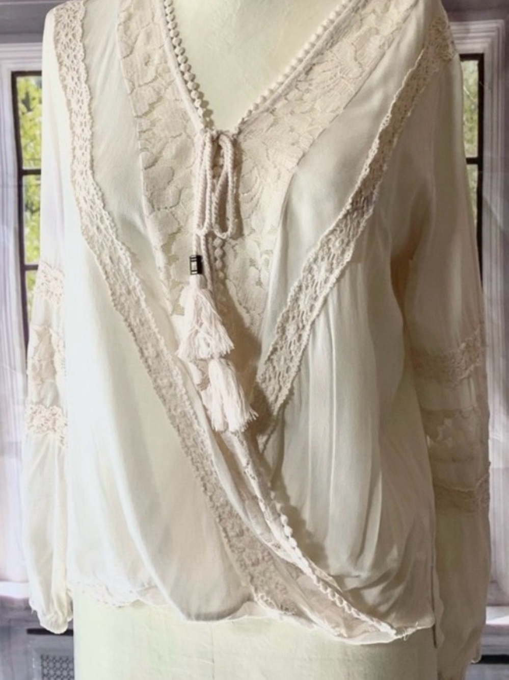 Boho Lace-Trim Cream V-Neck Blouse with Tassel Tie, Size 1X